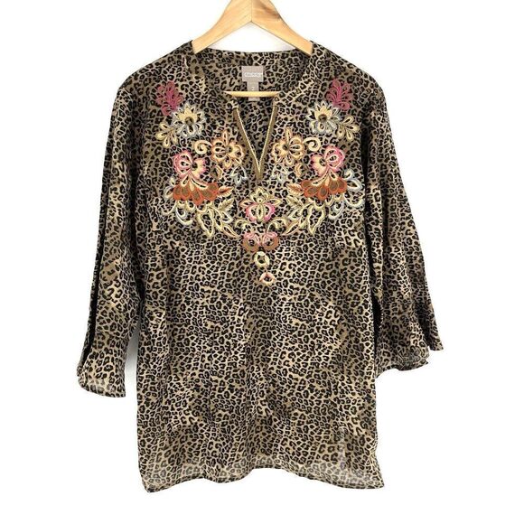 Chicos Top Size Large 2 Womens Brown Sassy Cheetah Popover Floral Embroidered - Picture 1 of 11